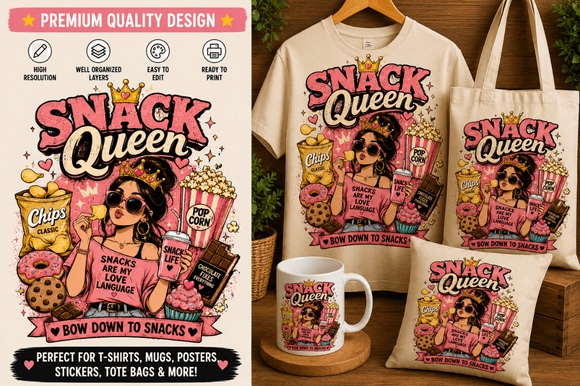 Snack Queen 👑🍿 PNG SVG Graphics for T-Shirt Designs